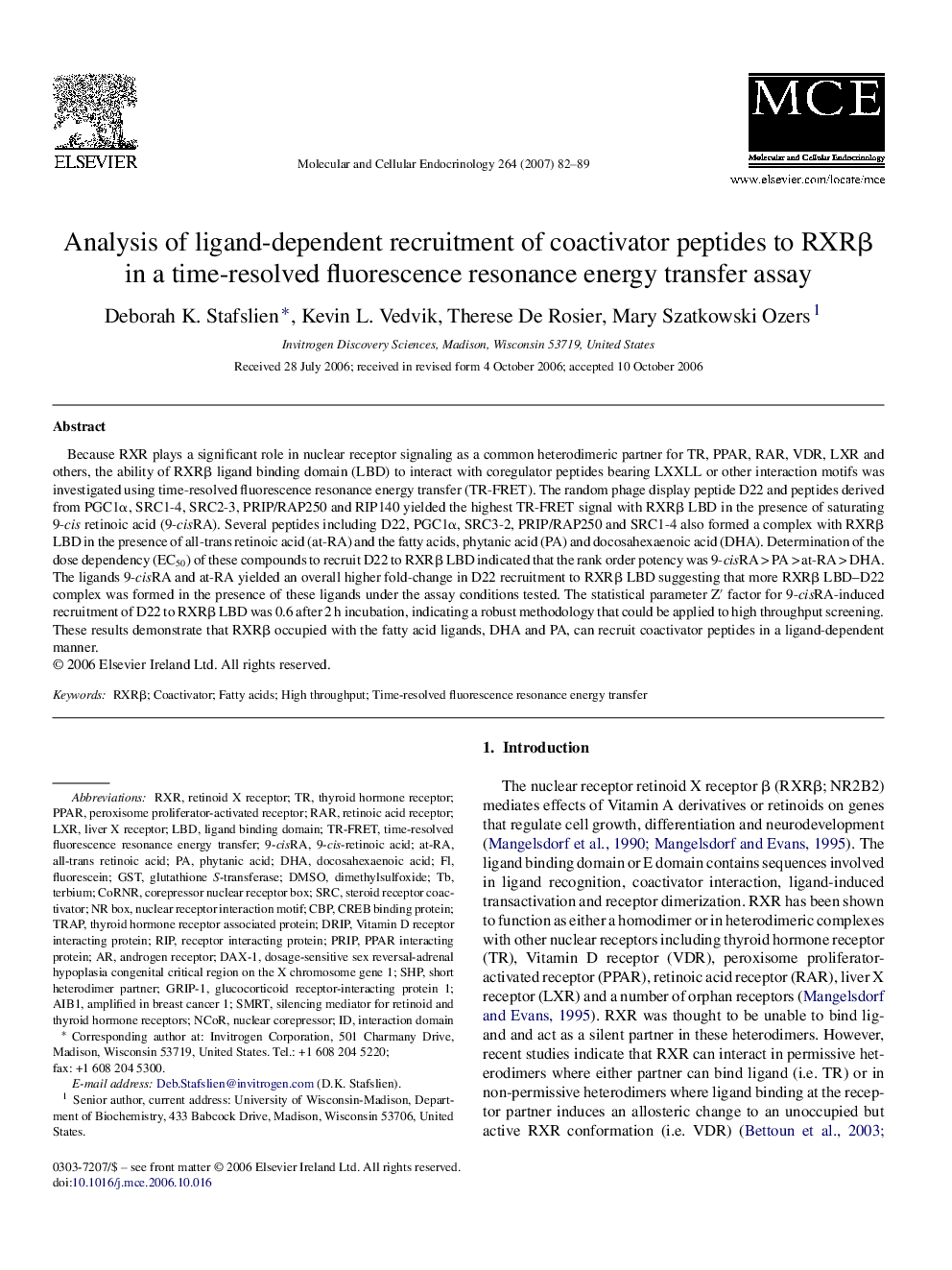 Analysis of ligand-dependent recruitment of coactivator peptides to RXRβ in a time-resolved fluorescence resonance energy transfer assay