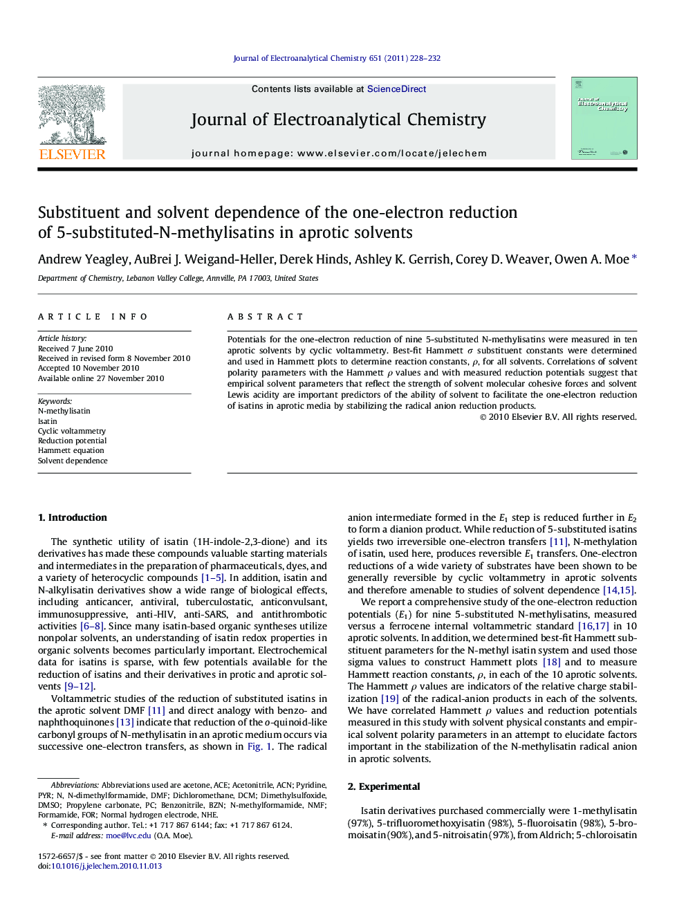 Substituent and solvent dependence of the one-electron reduction of 5-substituted-N-methylisatins in aprotic solvents