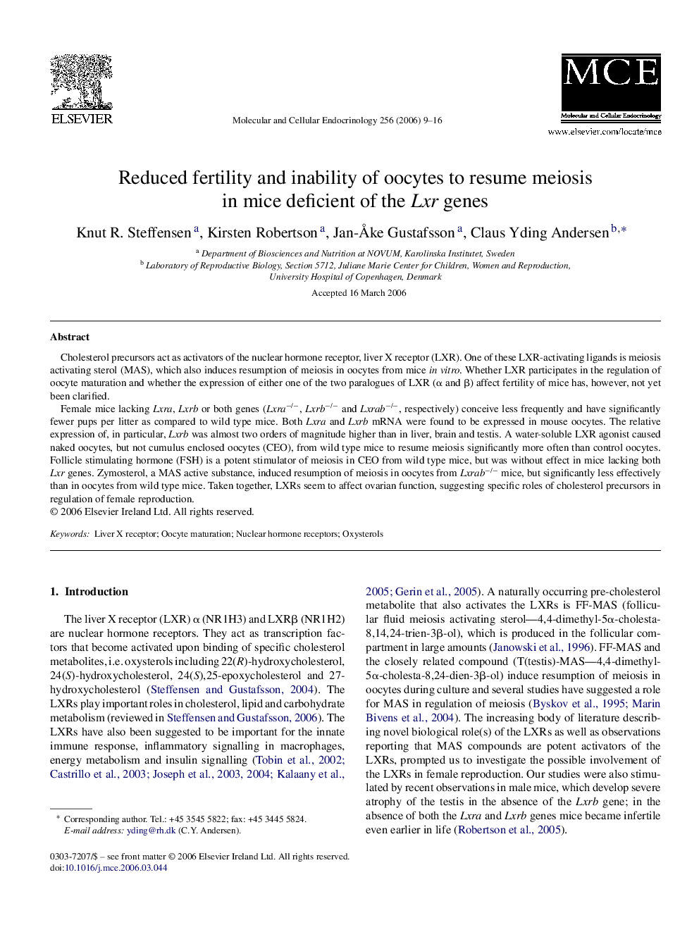 Reduced fertility and inability of oocytes to resume meiosis in mice deficient of the Lxr genes