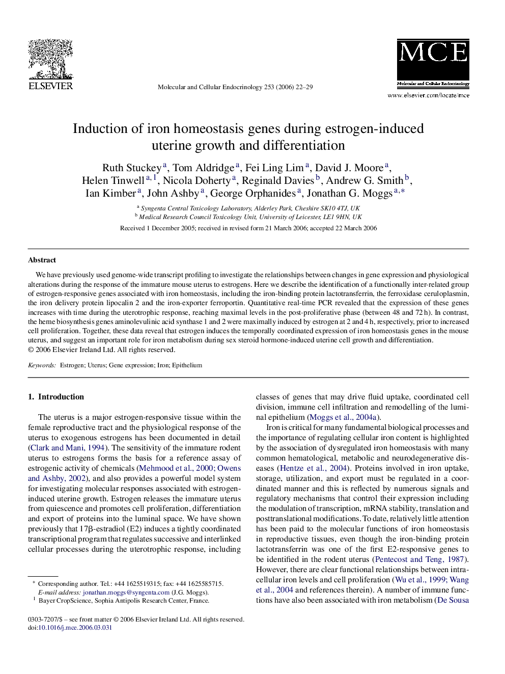 Induction of iron homeostasis genes during estrogen-induced uterine growth and differentiation