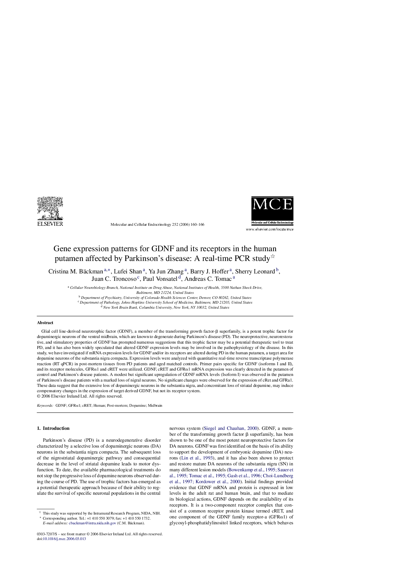 Gene expression patterns for GDNF and its receptors in the human putamen affected by Parkinson's disease: A real-time PCR study 