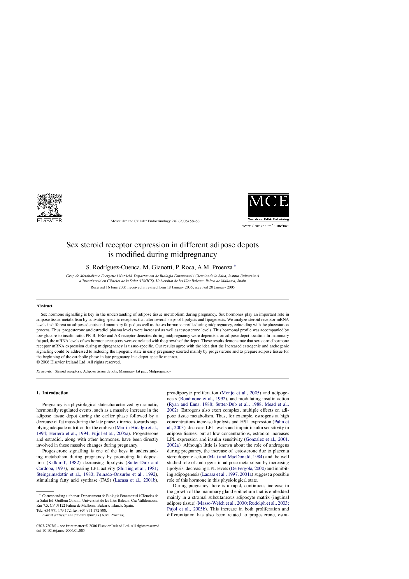 Sex steroid receptor expression in different adipose depots is modified during midpregnancy