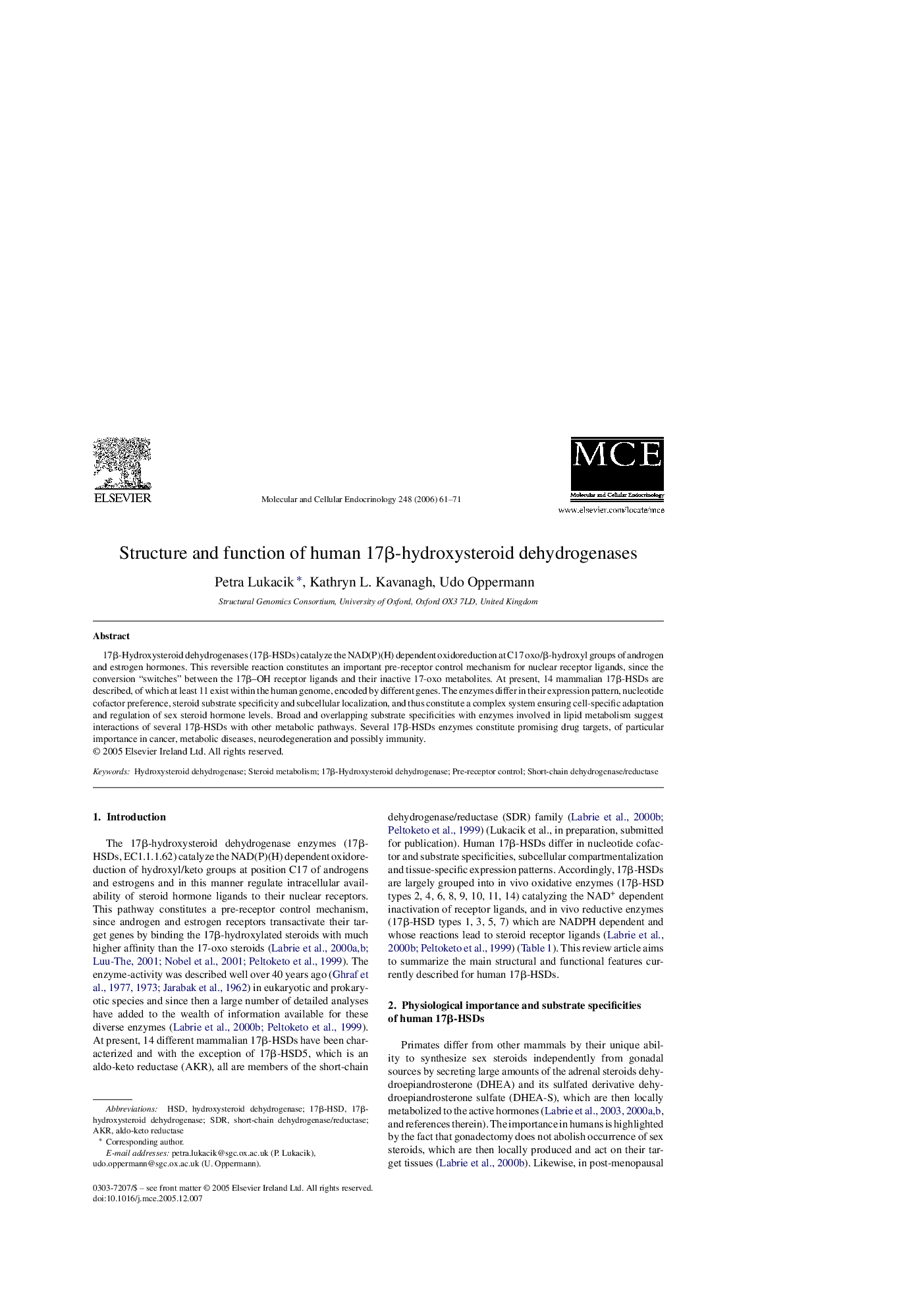 Structure and function of human 17β-hydroxysteroid dehydrogenases