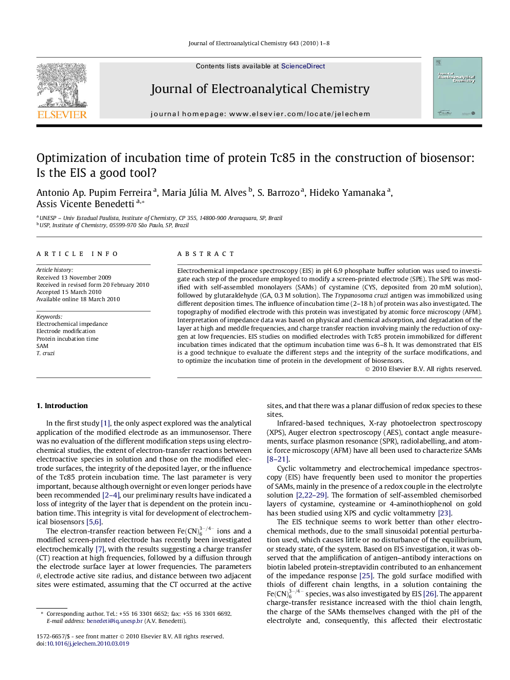 Optimization of incubation time of protein Tc85 in the construction of biosensor: Is the EIS a good tool?