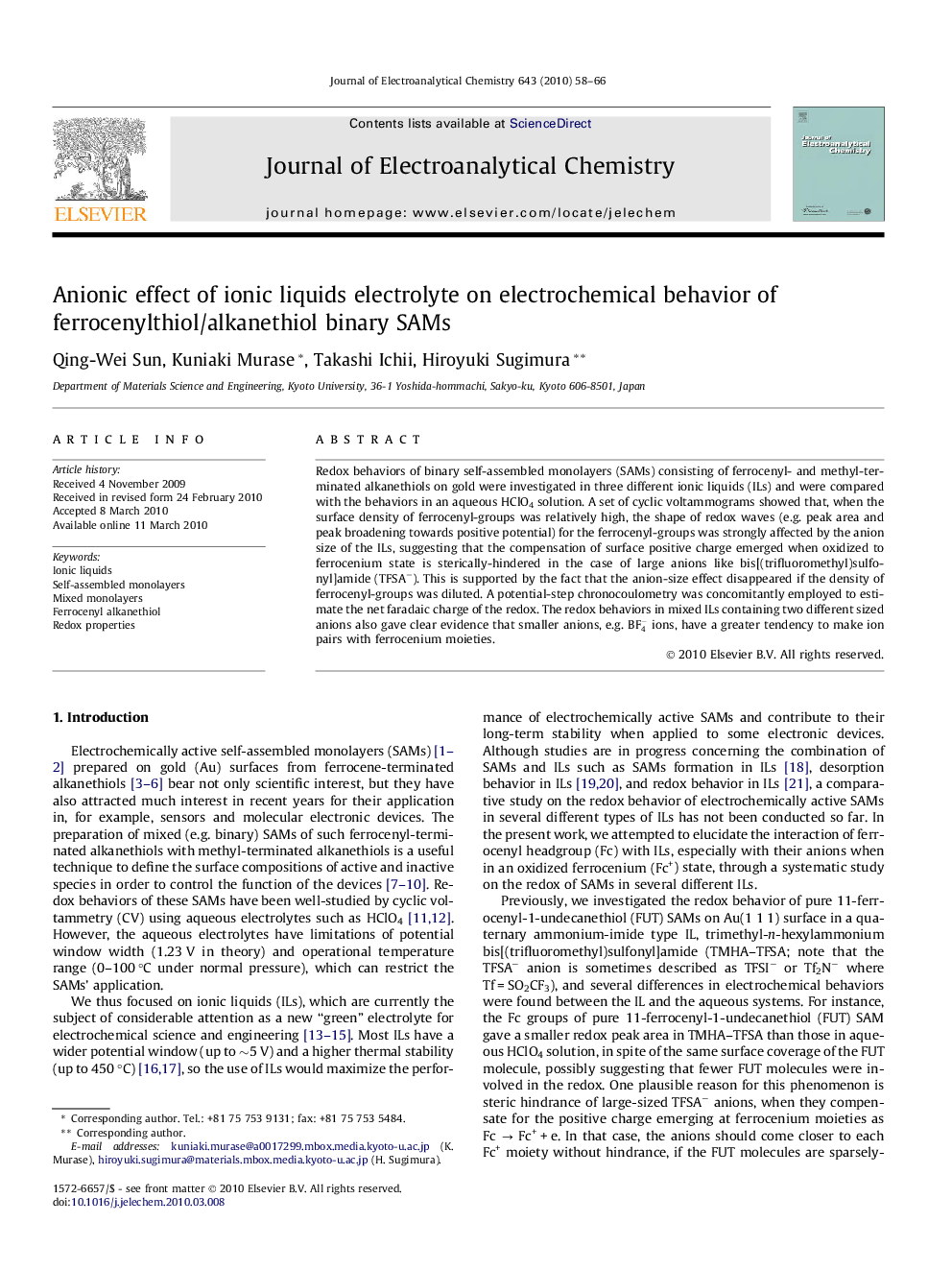 Anionic effect of ionic liquids electrolyte on electrochemical behavior of ferrocenylthiol/alkanethiol binary SAMs