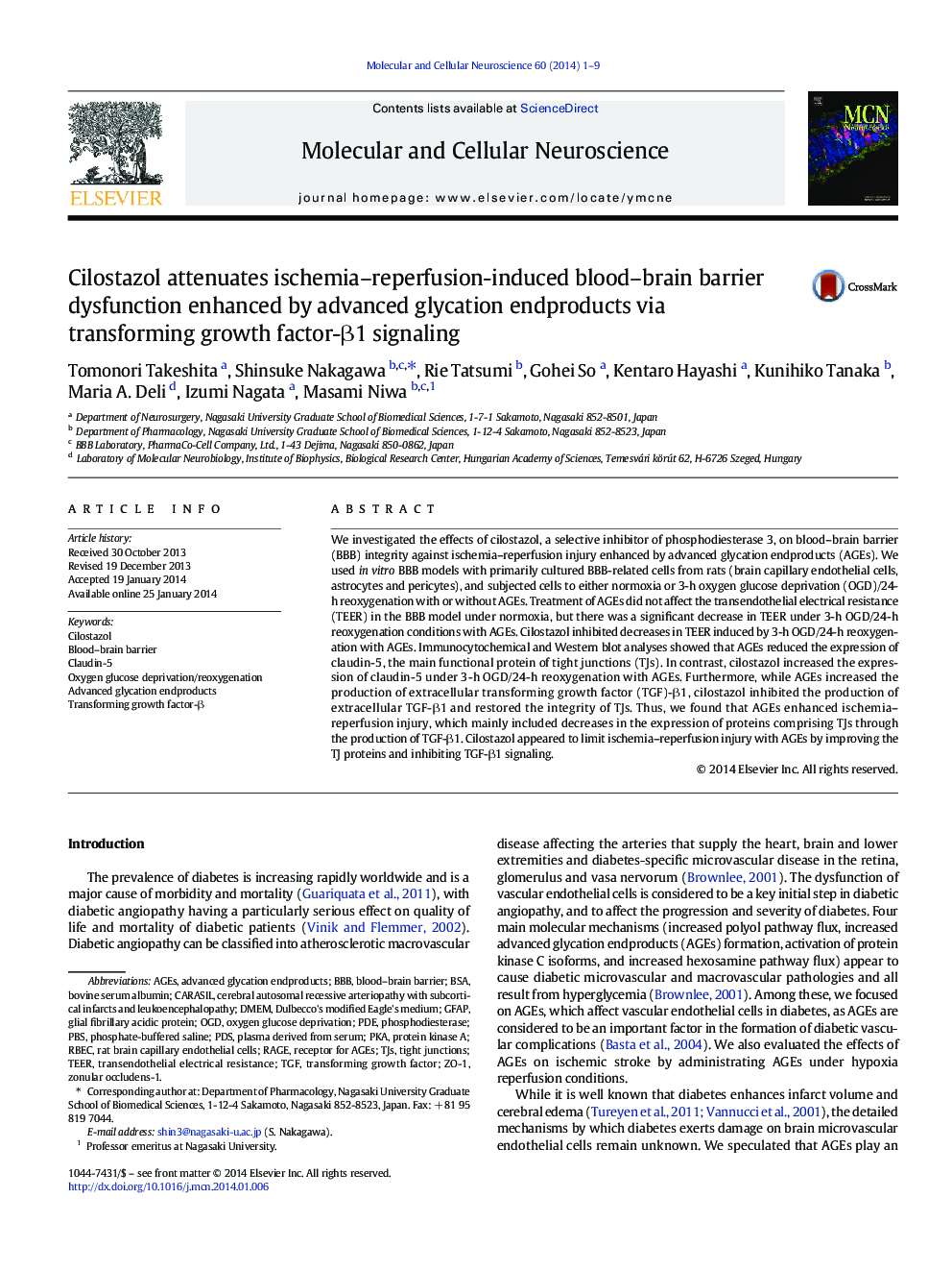 Cilostazol attenuates ischemia–reperfusion-induced blood–brain barrier dysfunction enhanced by advanced glycation endproducts via transforming growth factor-β1 signaling