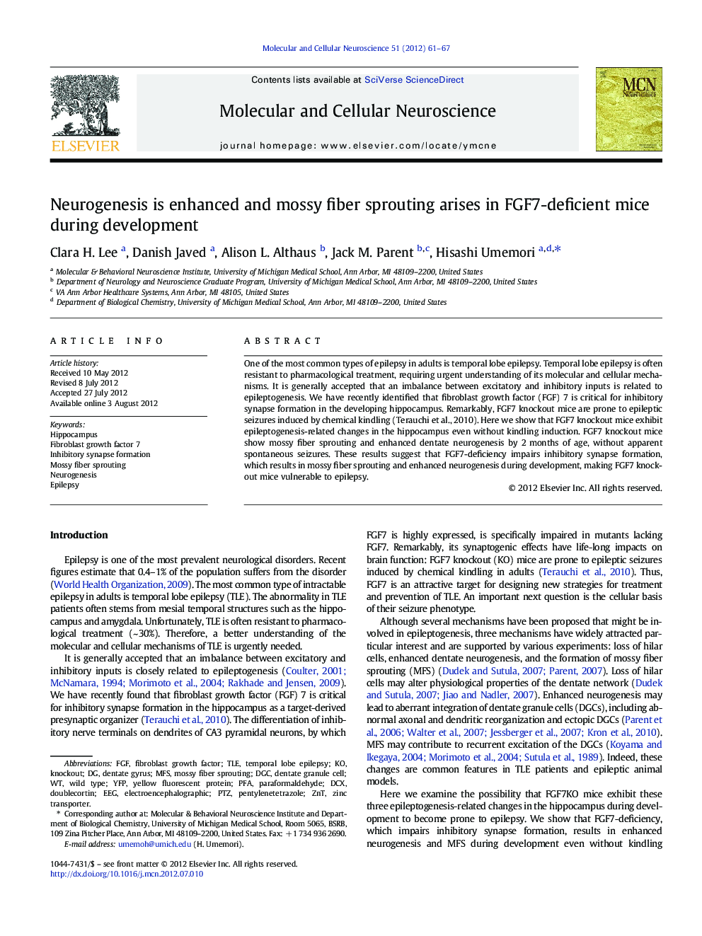 Neurogenesis is enhanced and mossy fiber sprouting arises in FGF7-deficient mice during development