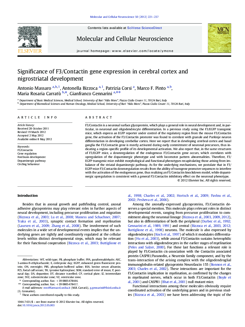 Significance of F3/Contactin gene expression in cerebral cortex and nigrostriatal development