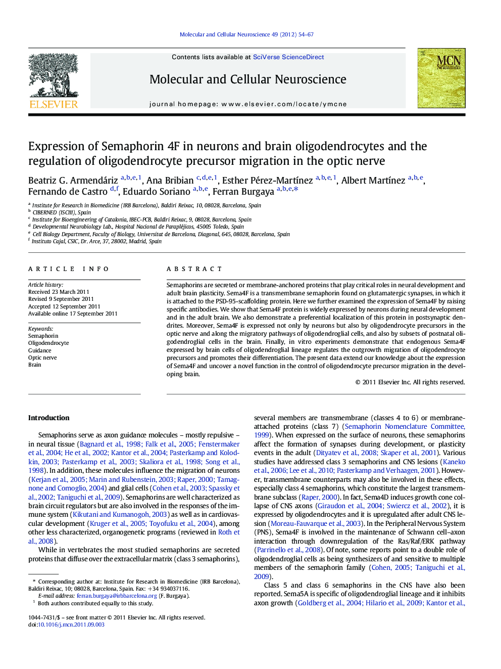 Expression of Semaphorin 4F in neurons and brain oligodendrocytes and the regulation of oligodendrocyte precursor migration in the optic nerve