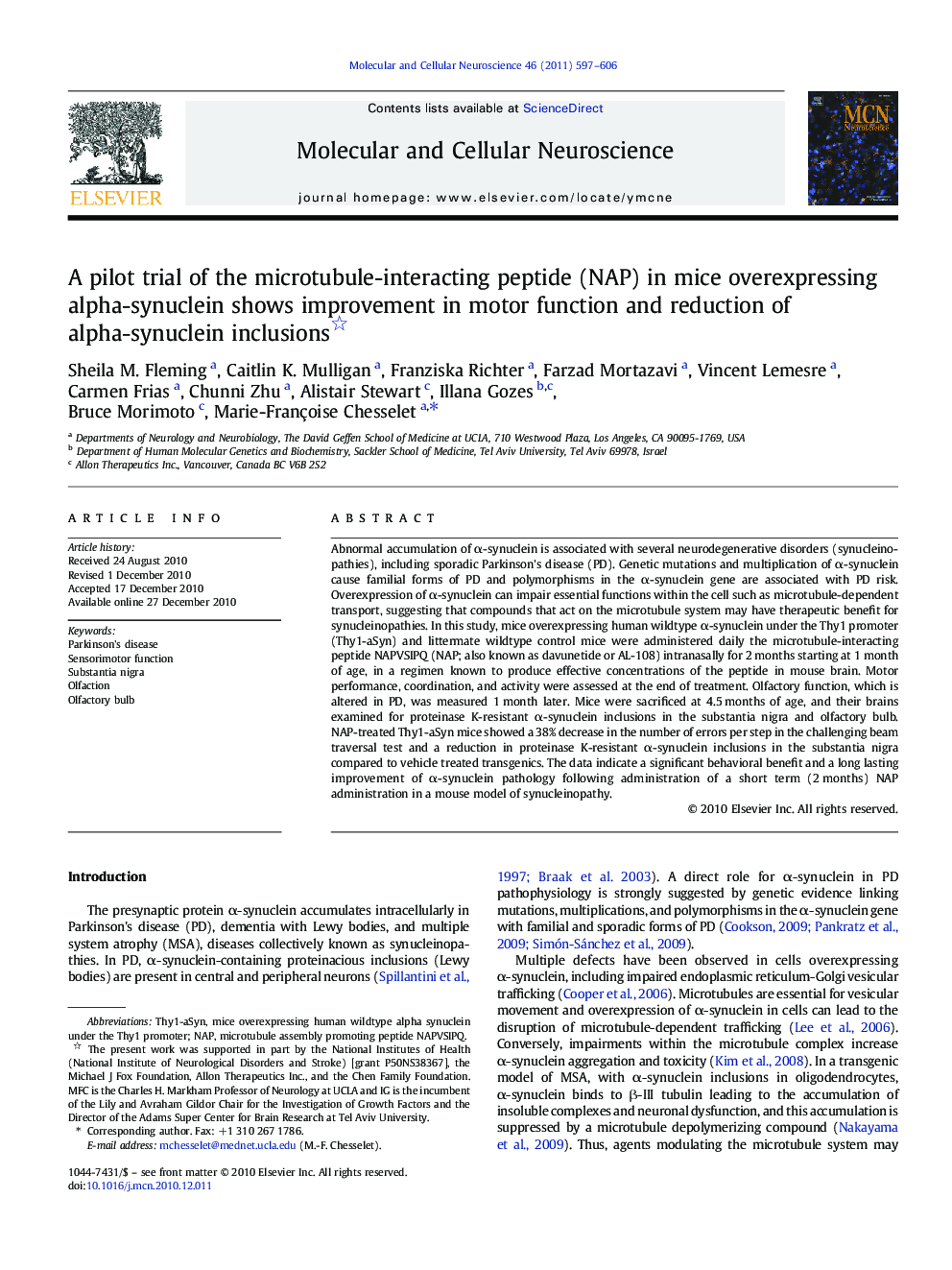 A pilot trial of the microtubule-interacting peptide (NAP) in mice overexpressing alpha-synuclein shows improvement in motor function and reduction of alpha-synuclein inclusions 