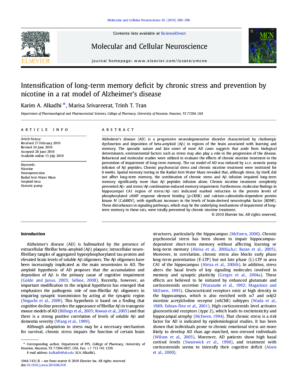 Intensification of long-term memory deficit by chronic stress and prevention by nicotine in a rat model of Alzheimer's disease