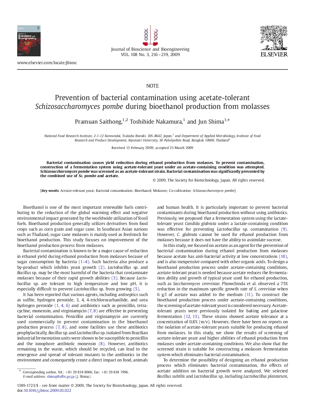 Prevention of bacterial contamination using acetate-tolerant Schizosaccharomyces pombe during bioethanol production from molasses