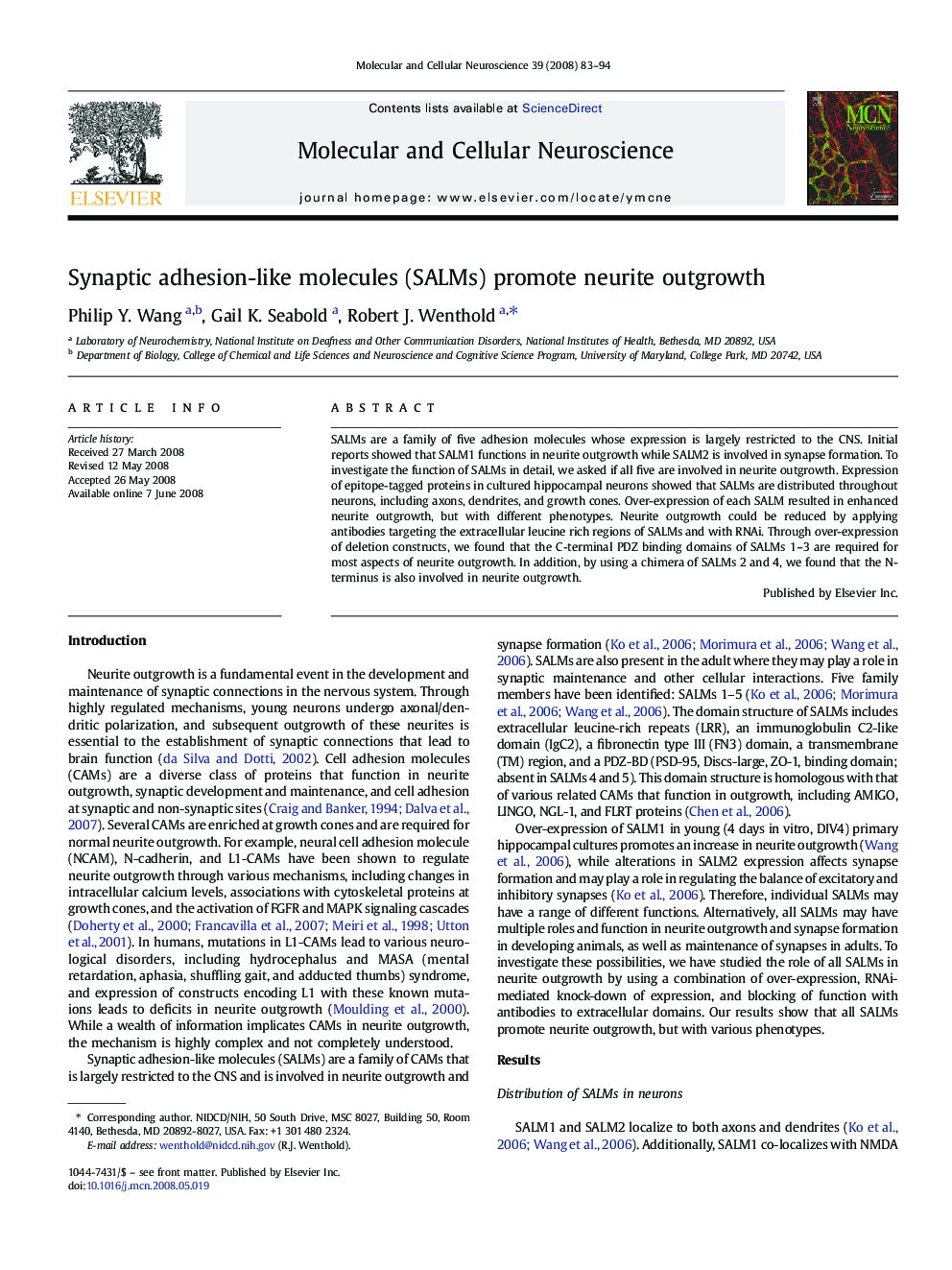 Synaptic adhesion-like molecules (SALMs) promote neurite outgrowth