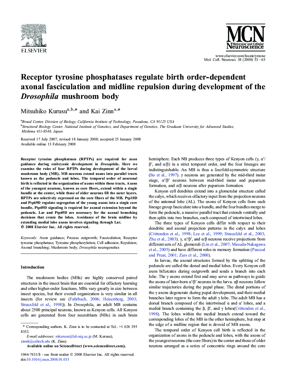 Receptor tyrosine phosphatases regulate birth order-dependent axonal fasciculation and midline repulsion during development of the Drosophila mushroom body