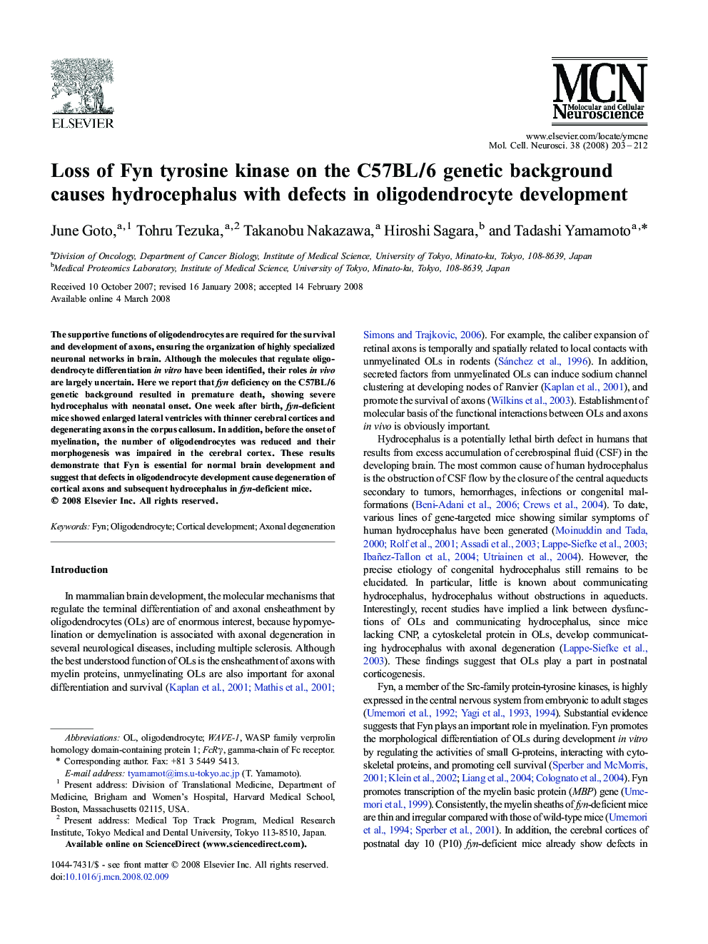 Loss of Fyn tyrosine kinase on the C57BL/6 genetic background causes hydrocephalus with defects in oligodendrocyte development