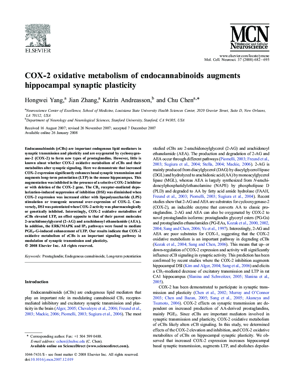 COX-2 oxidative metabolism of endocannabinoids augments hippocampal synaptic plasticity