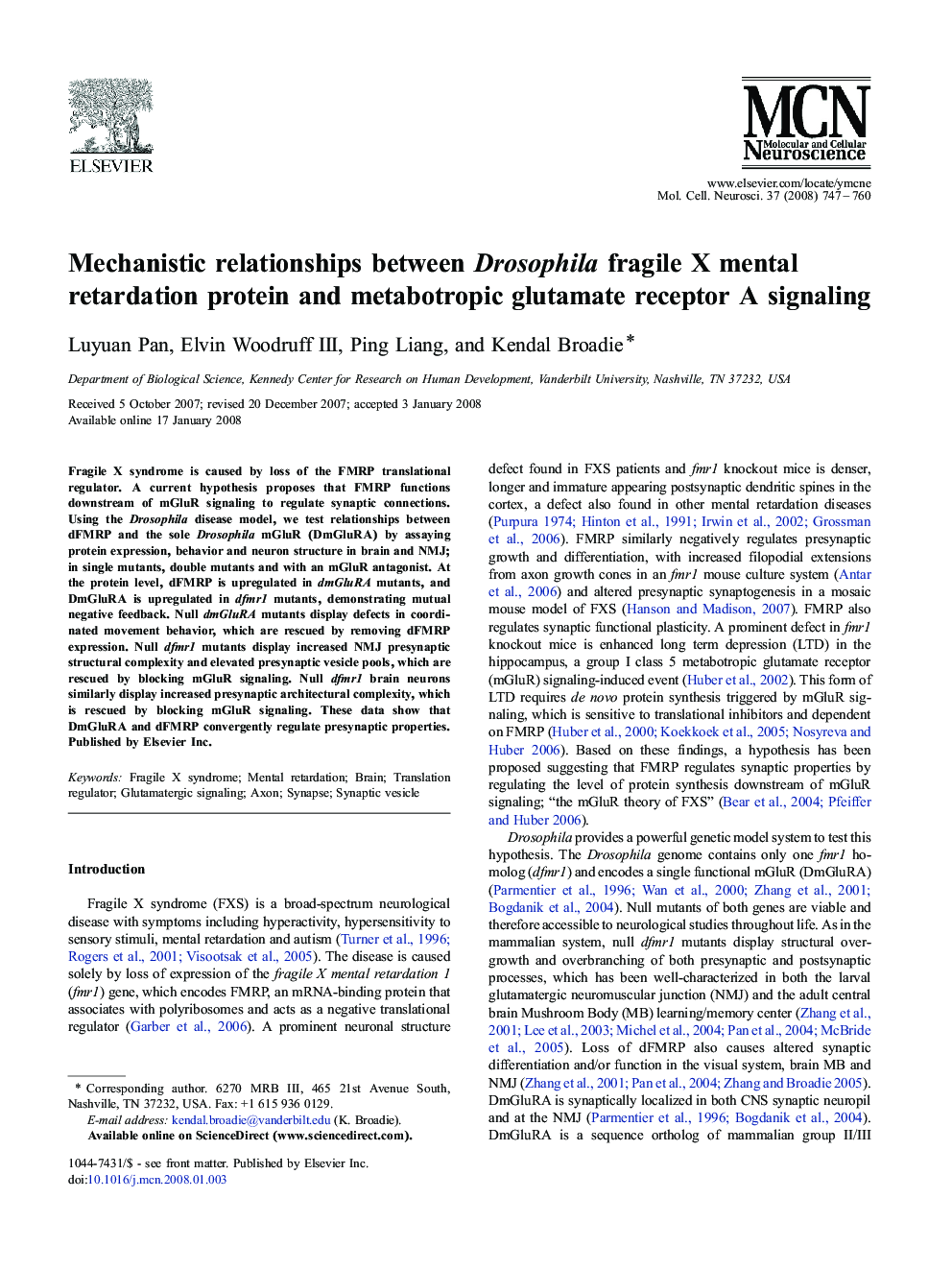 Mechanistic relationships between Drosophila fragile X mental retardation protein and metabotropic glutamate receptor A signaling