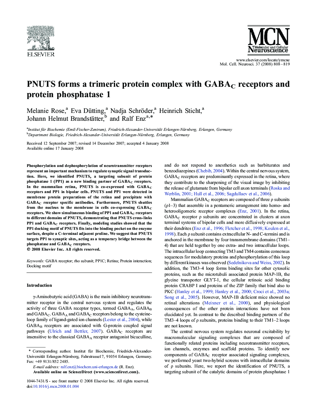 PNUTS forms a trimeric protein complex with GABAC receptors and protein phosphatase 1