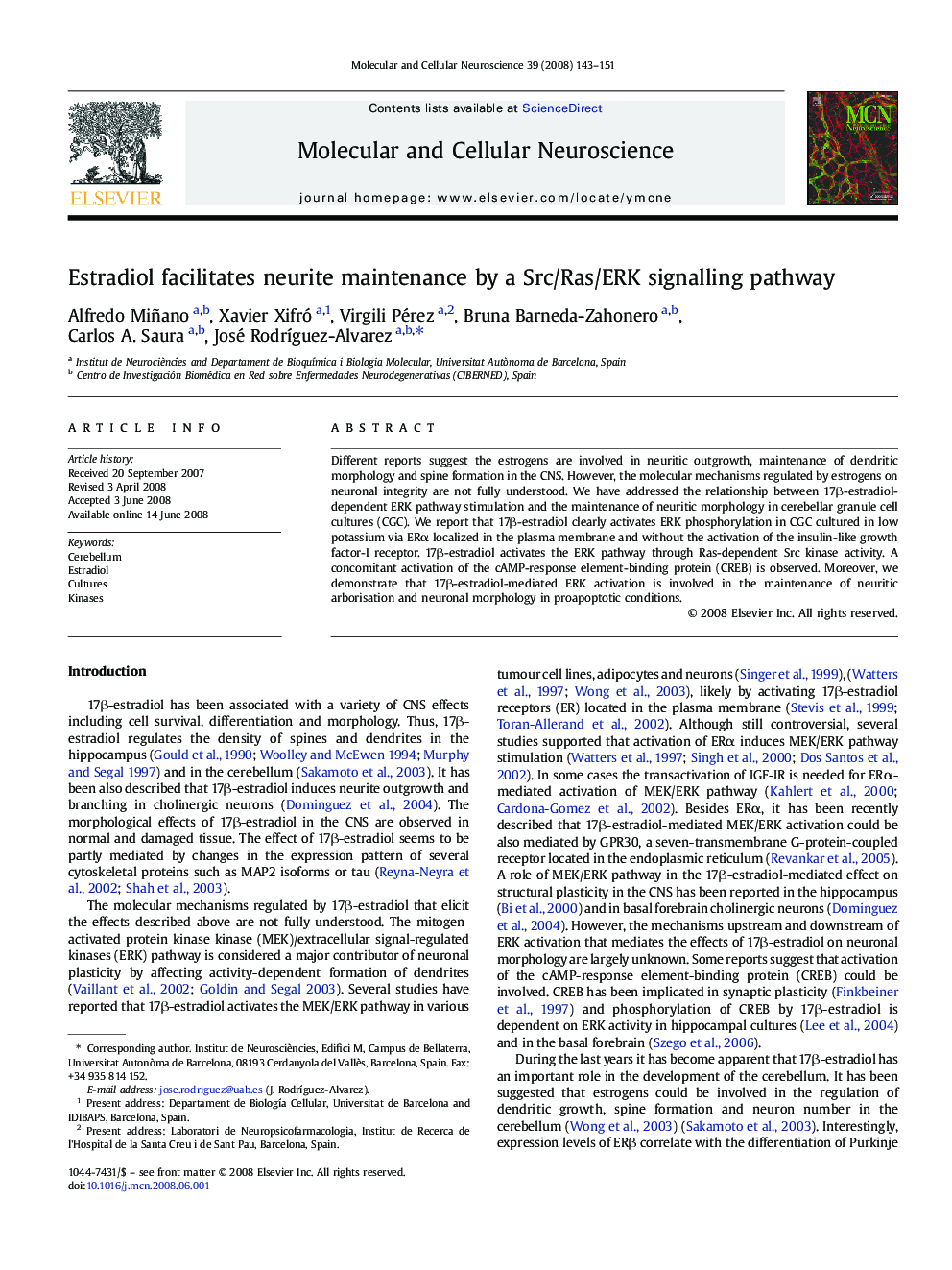 Estradiol facilitates neurite maintenance by a Src/Ras/ERK signalling pathway