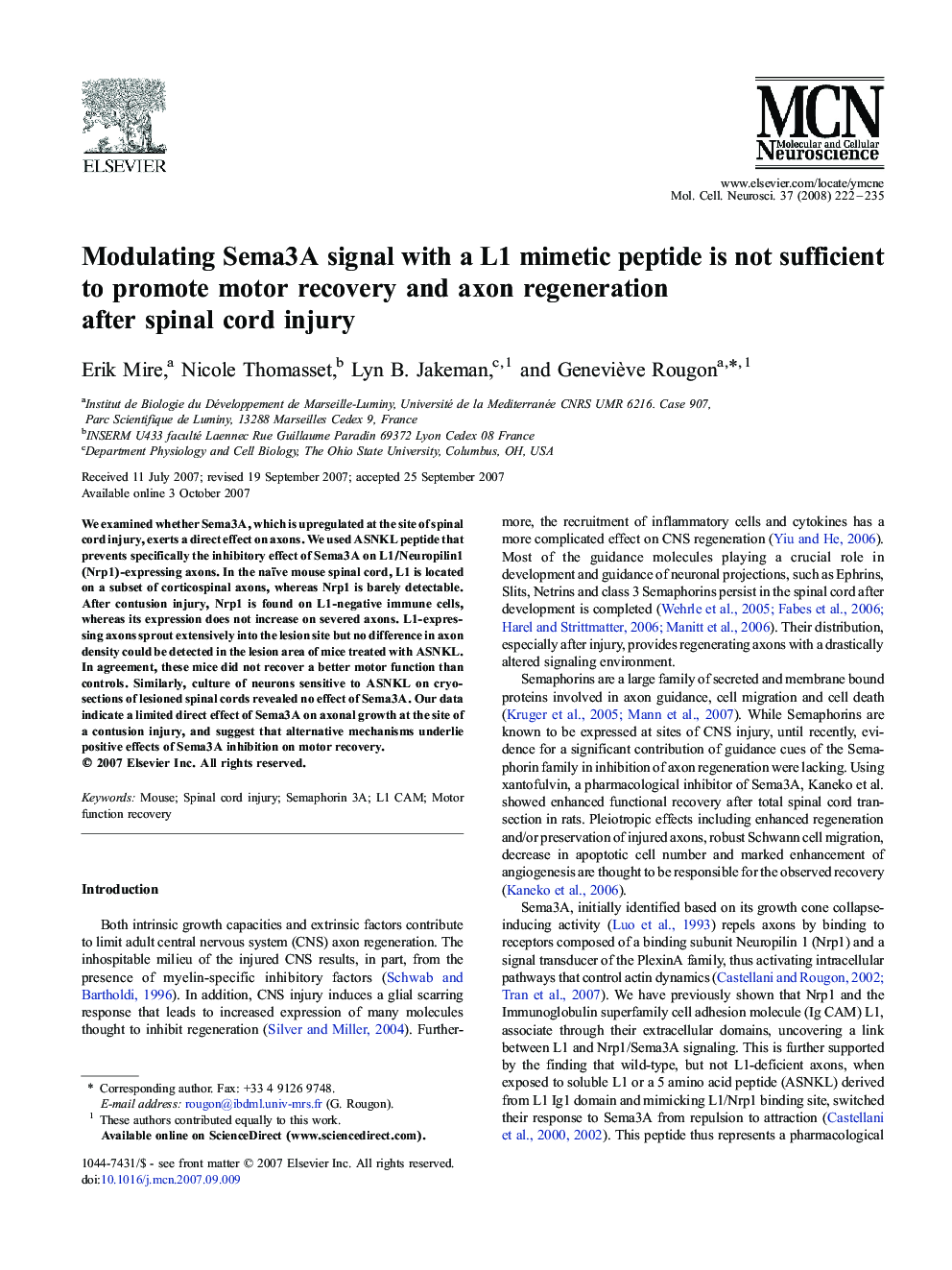 Modulating Sema3A signal with a L1 mimetic peptide is not sufficient to promote motor recovery and axon regeneration after spinal cord injury