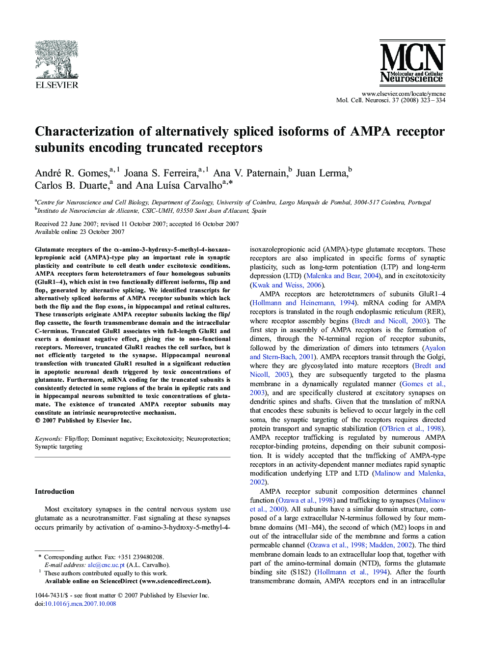 Characterization of alternatively spliced isoforms of AMPA receptor subunits encoding truncated receptors