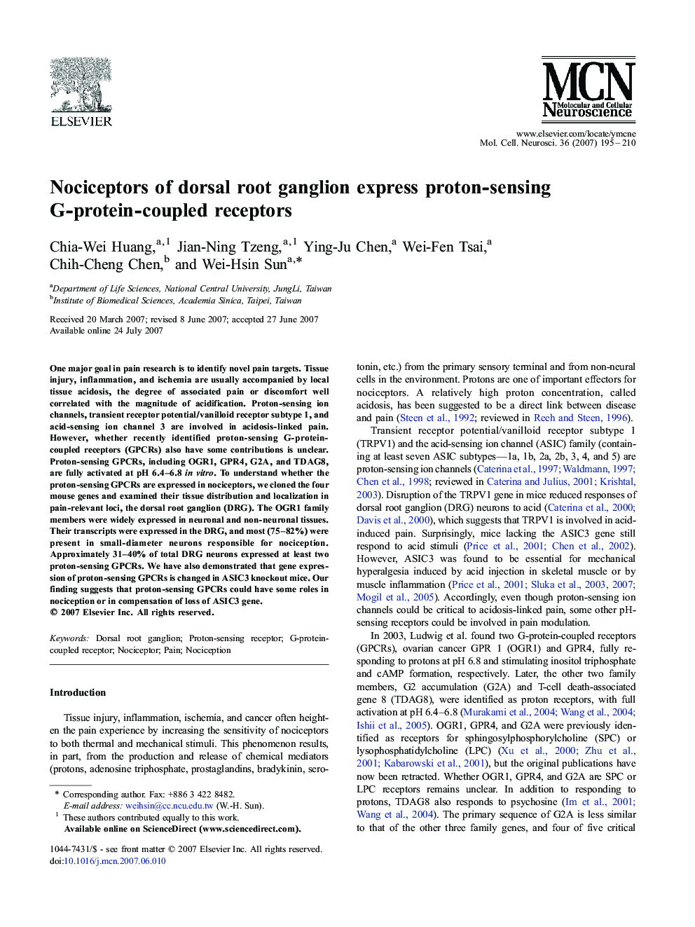 Nociceptors of dorsal root ganglion express proton-sensing G-protein-coupled receptors