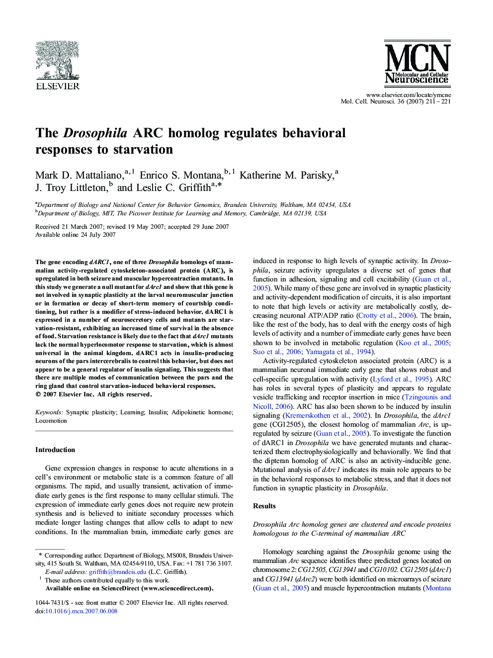 The Drosophila ARC homolog regulates behavioral responses to starvation