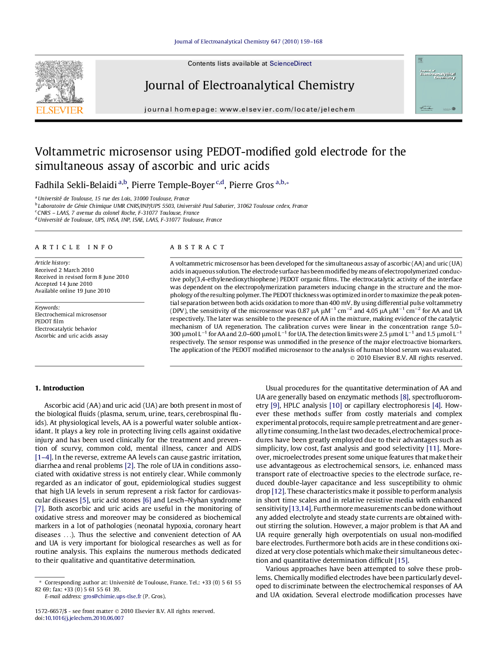 Voltammetric microsensor using PEDOT-modified gold electrode for the simultaneous assay of ascorbic and uric acids