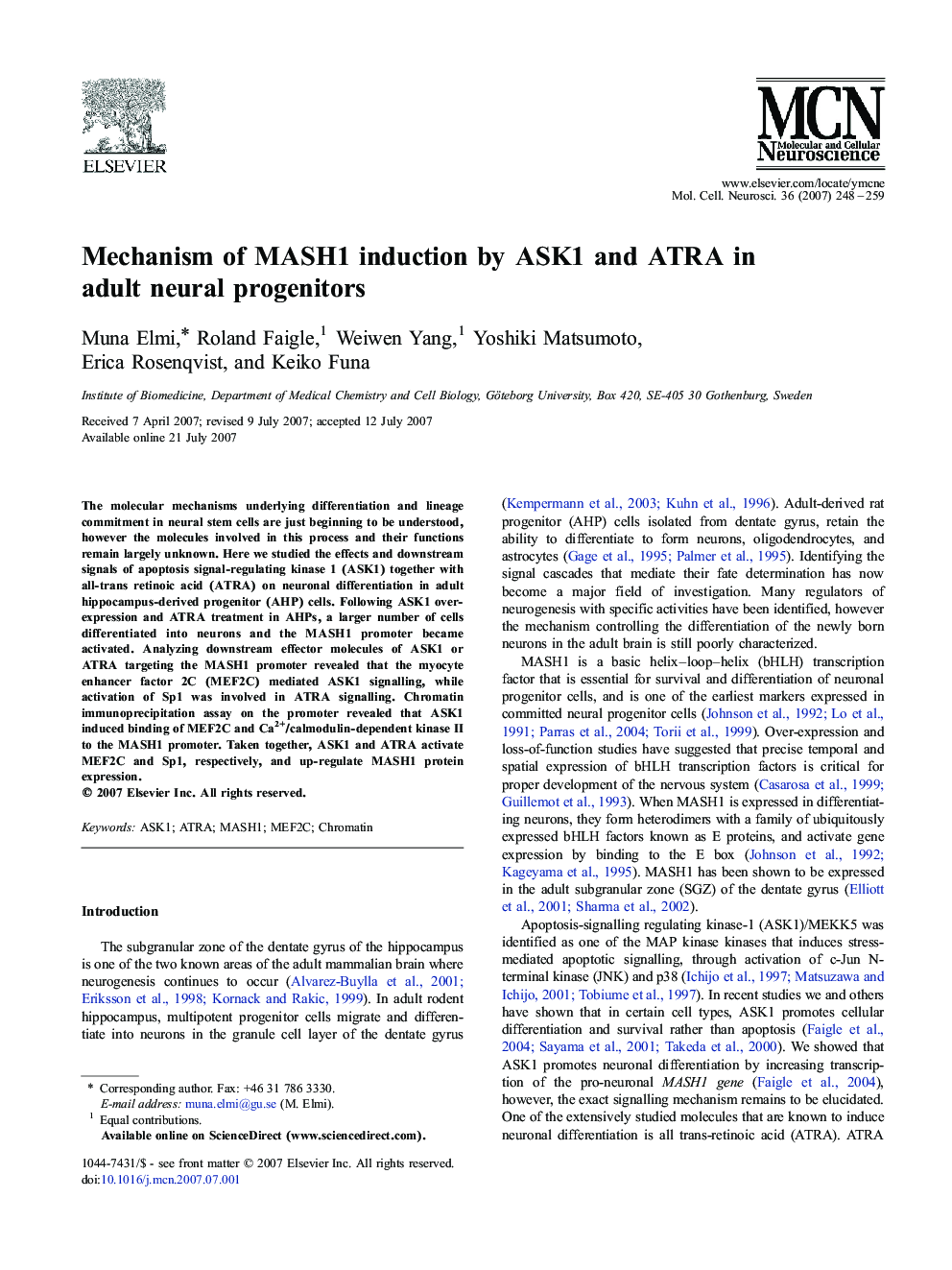 Mechanism of MASH1 induction by ASK1 and ATRA in adult neural progenitors