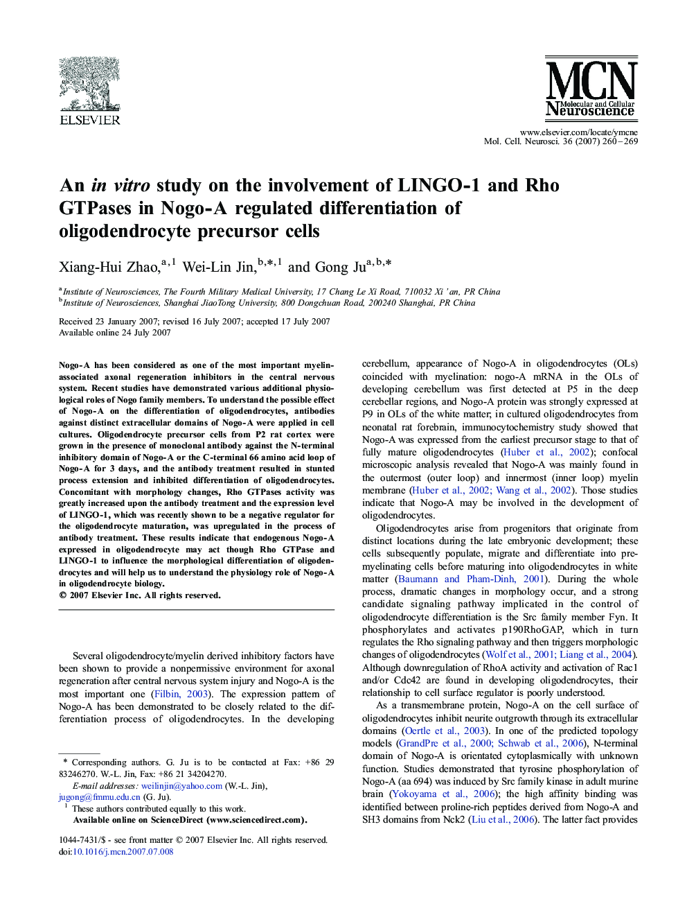An in vitro study on the involvement of LINGO-1 and Rho GTPases in Nogo-A regulated differentiation of oligodendrocyte precursor cells