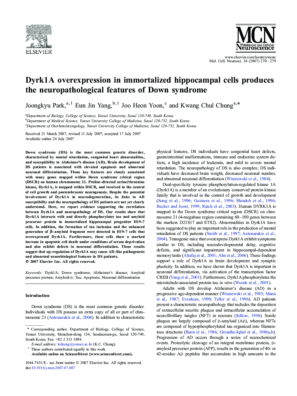 Dyrk1A overexpression in immortalized hippocampal cells produces the neuropathological features of Down syndrome