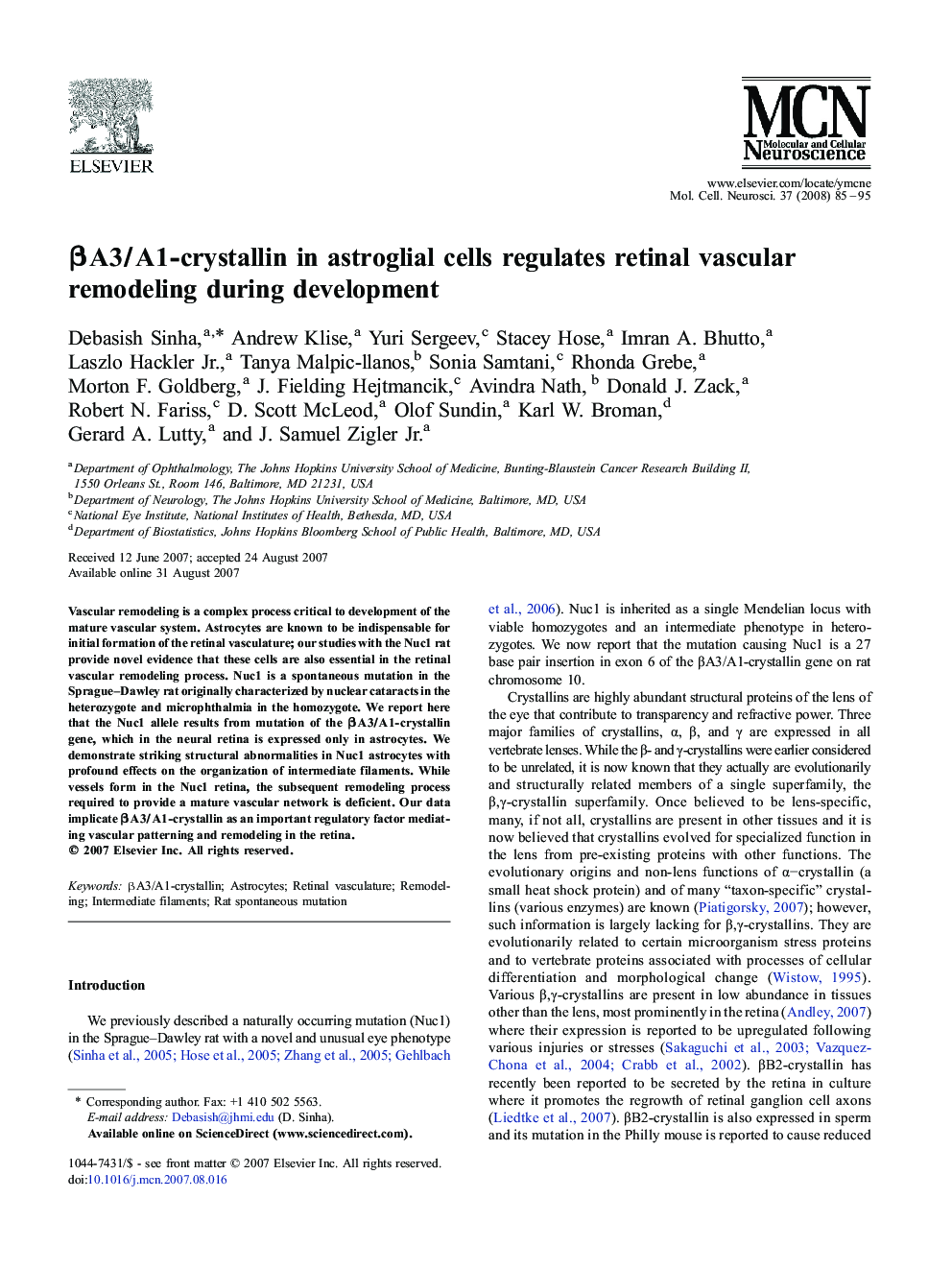 βA3/A1-crystallin in astroglial cells regulates retinal vascular remodeling during development