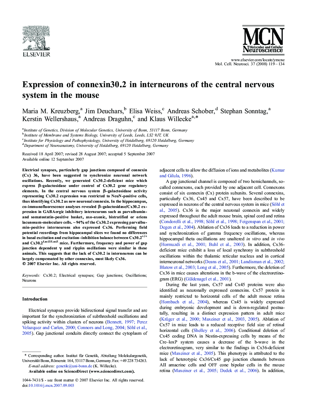 Expression of connexin30.2 in interneurons of the central nervous system in the mouse