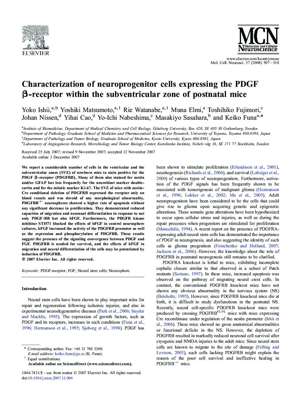 Characterization of neuroprogenitor cells expressing the PDGF β-receptor within the subventricular zone of postnatal mice