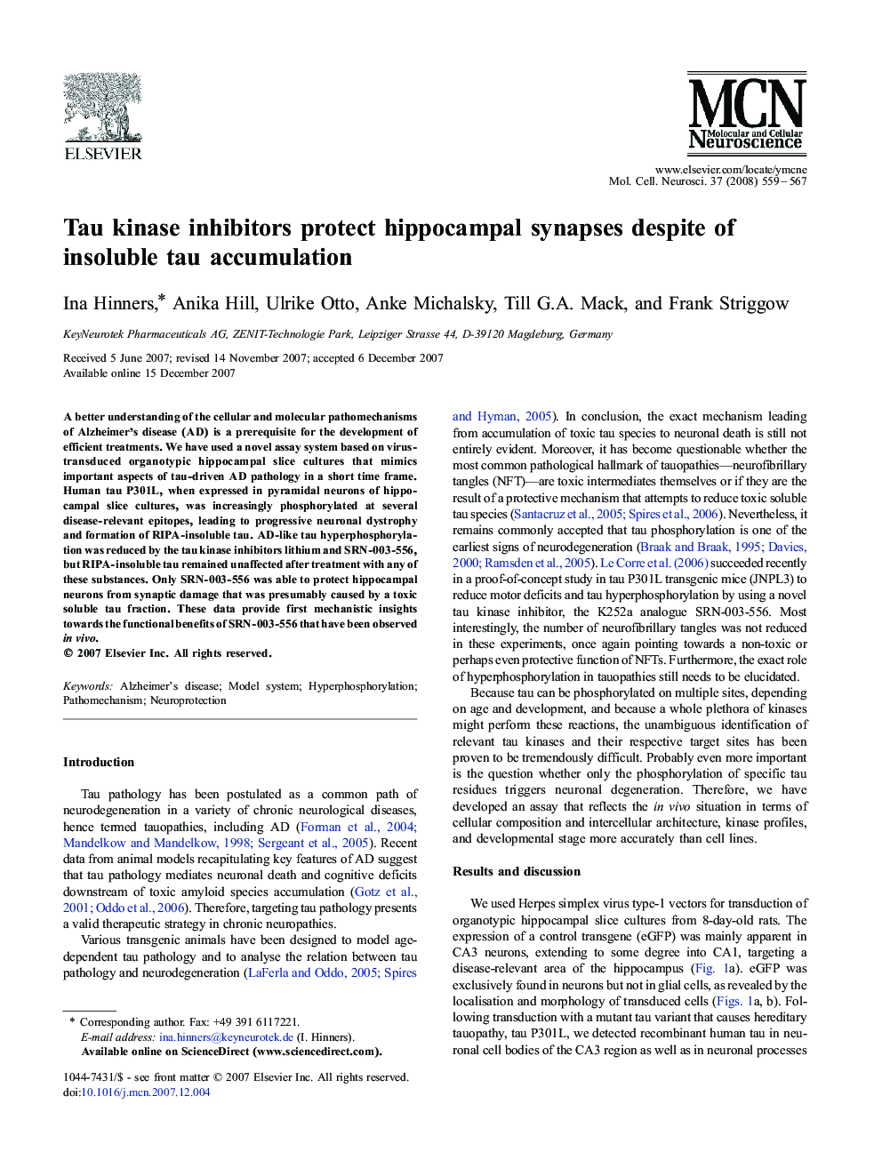 Tau kinase inhibitors protect hippocampal synapses despite of insoluble tau accumulation