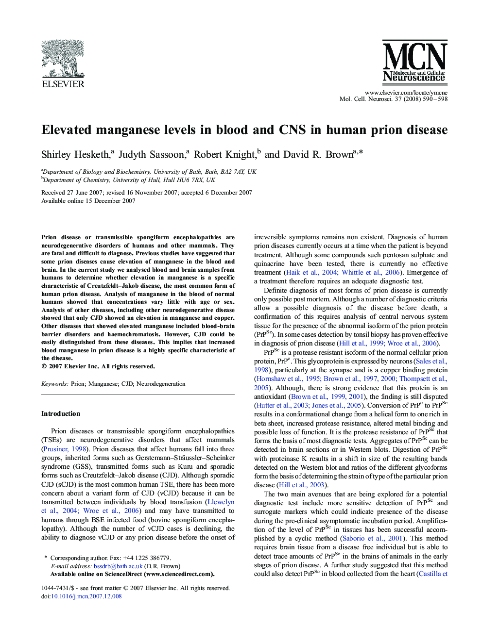 Elevated manganese levels in blood and CNS in human prion disease