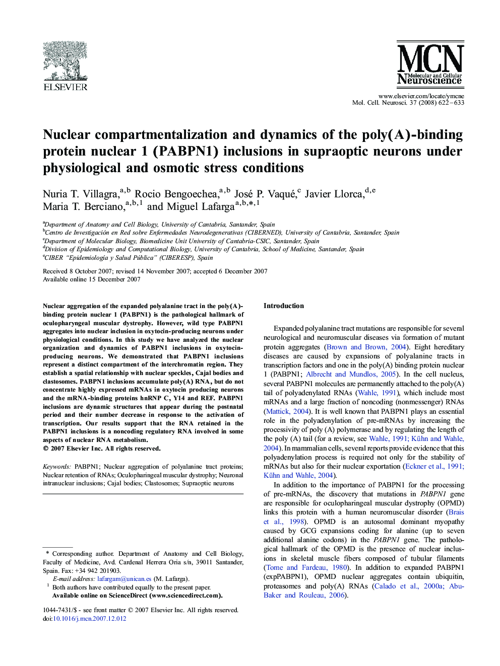 Nuclear compartmentalization and dynamics of the poly(A)-binding protein nuclear 1 (PABPN1) inclusions in supraoptic neurons under physiological and osmotic stress conditions