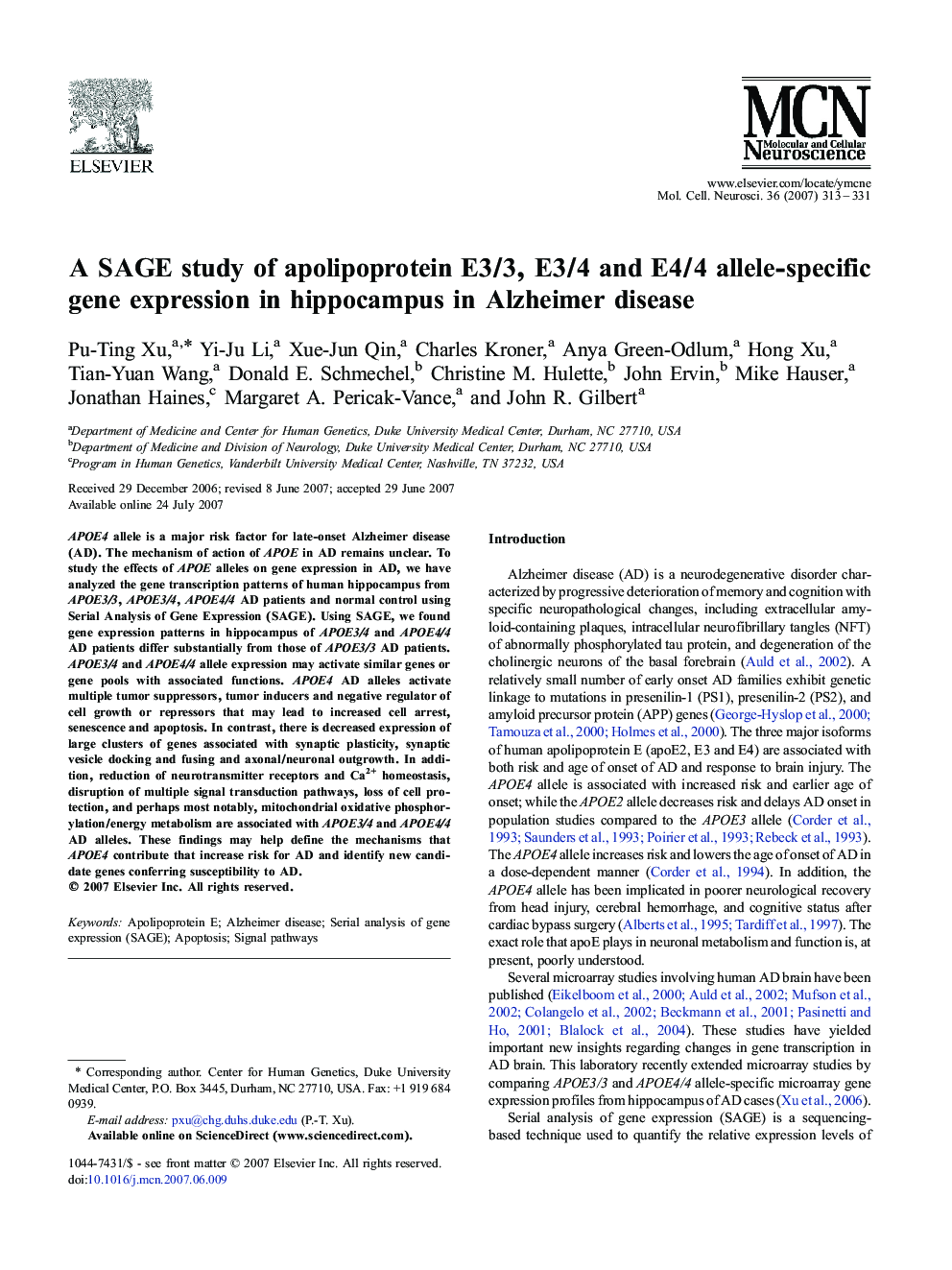 A SAGE study of apolipoprotein E3/3, E3/4 and E4/4 allele-specific gene expression in hippocampus in Alzheimer disease