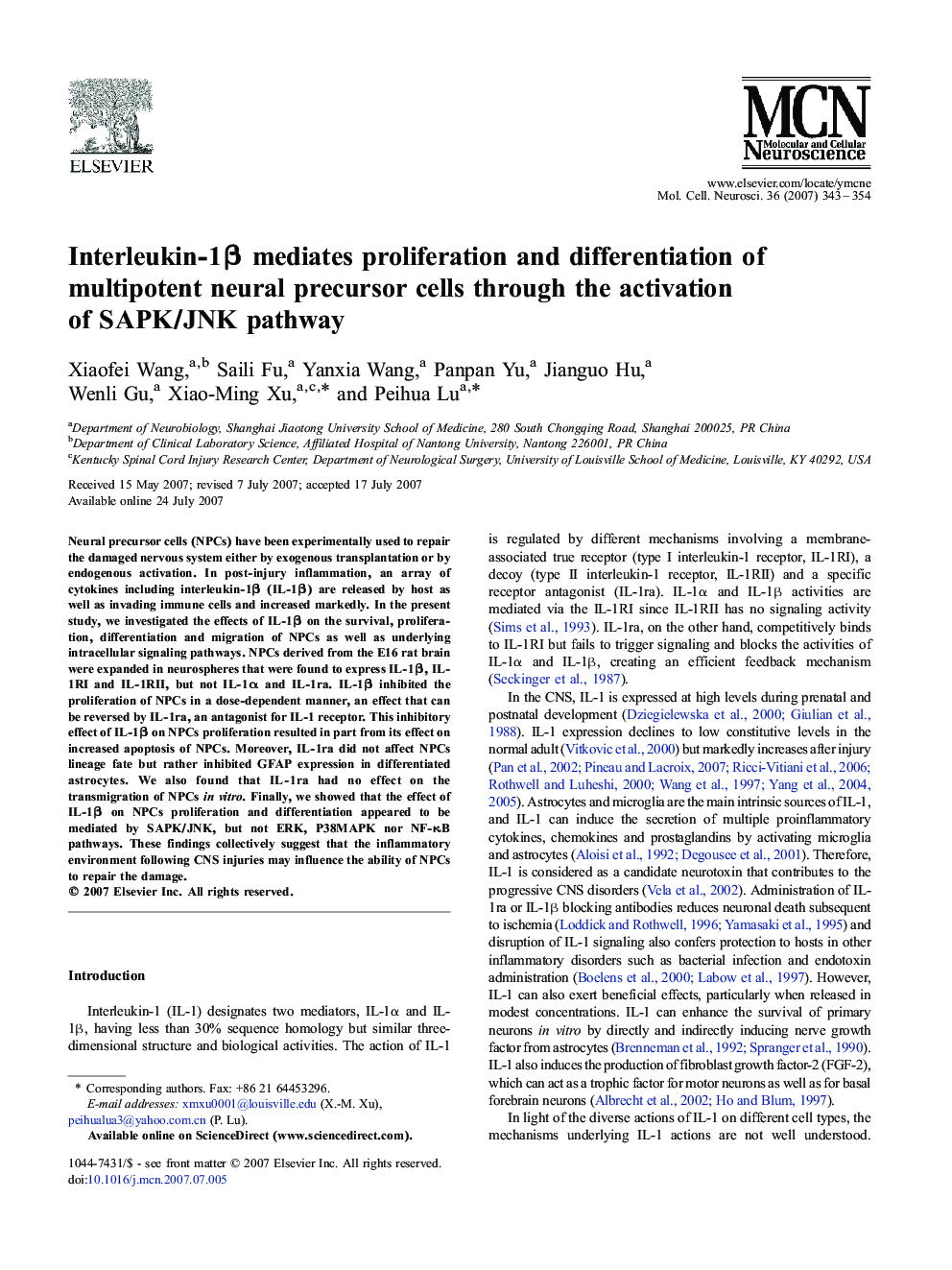 Interleukin-1β mediates proliferation and differentiation of multipotent neural precursor cells through the activation of SAPK/JNK pathway