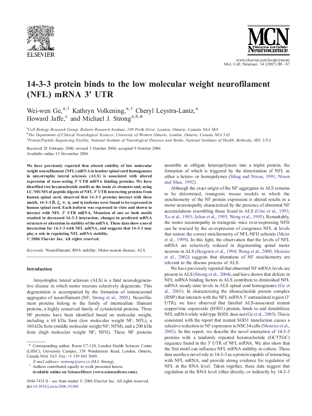 14-3-3 protein binds to the low molecular weight neurofilament (NFL) mRNA 3′ UTR