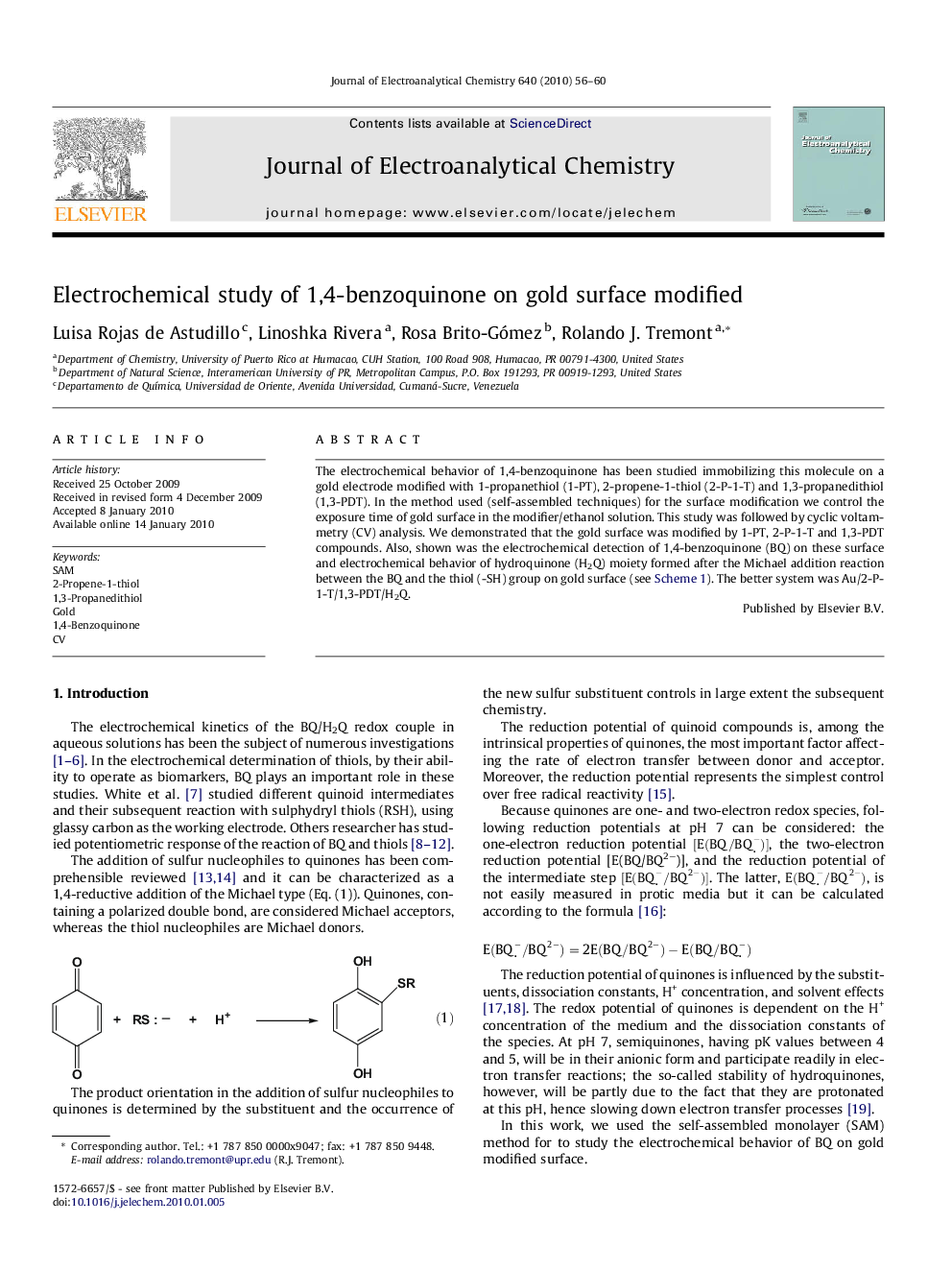 Electrochemical study of 1,4-benzoquinone on gold surface modified