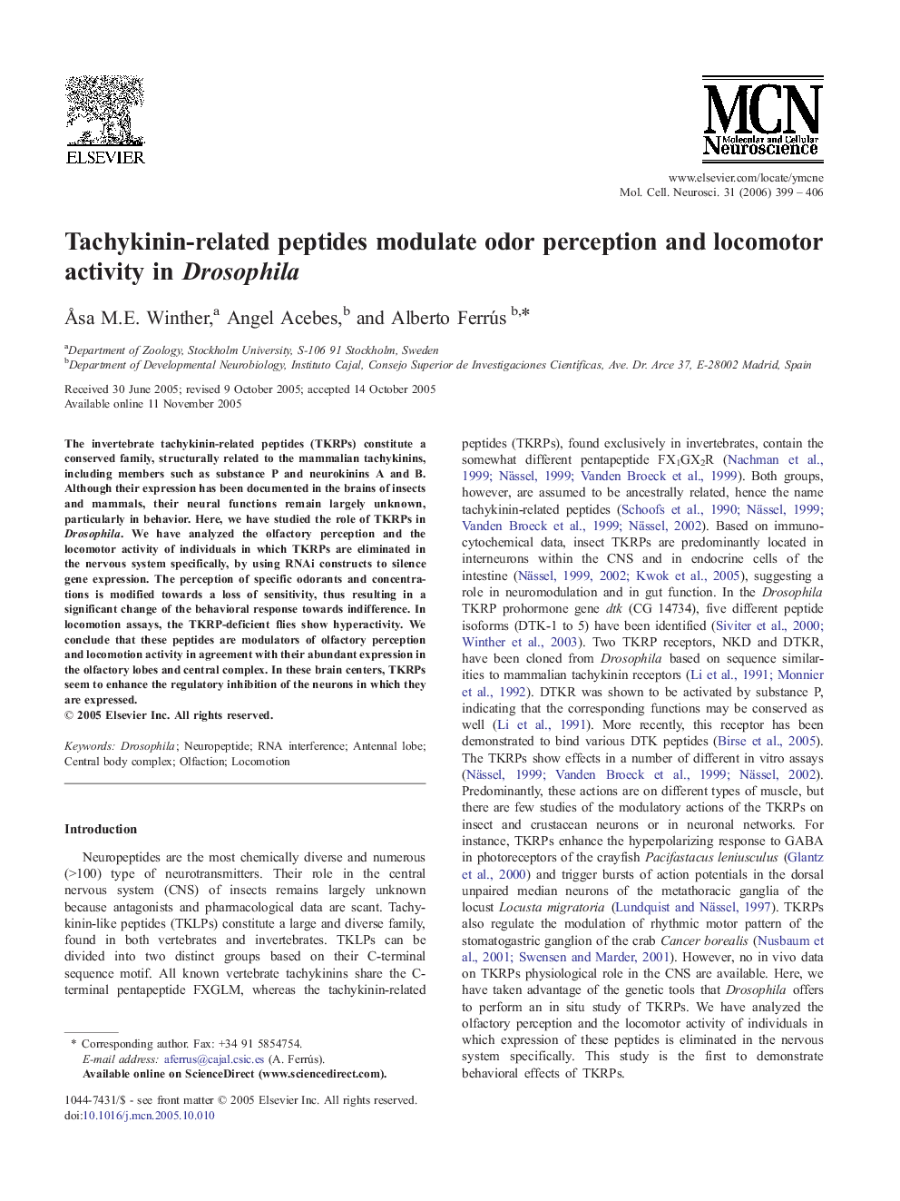 Tachykinin-related peptides modulate odor perception and locomotor activity in Drosophila