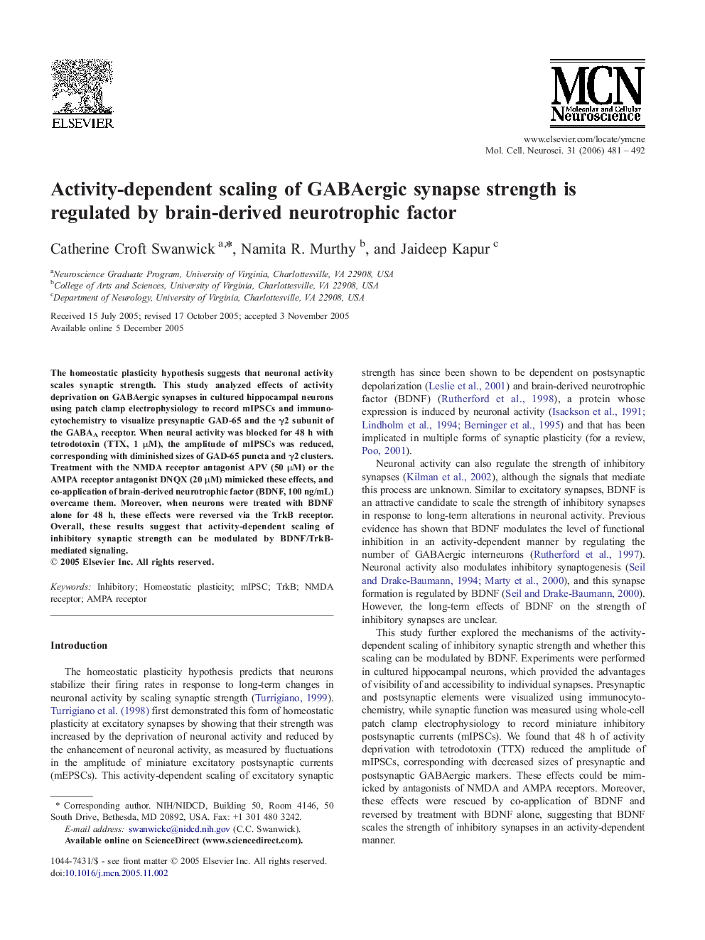 Activity-dependent scaling of GABAergic synapse strength is regulated by brain-derived neurotrophic factor