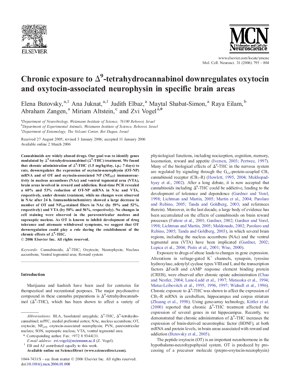 Chronic exposure to Δ9-tetrahydrocannabinol downregulates oxytocin and oxytocin-associated neurophysin in specific brain areas
