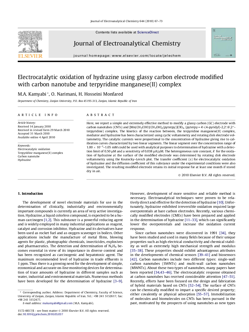 Electrocatalytic oxidation of hydrazine using glassy carbon electrode modified with carbon nanotube and terpyridine manganese(II) complex