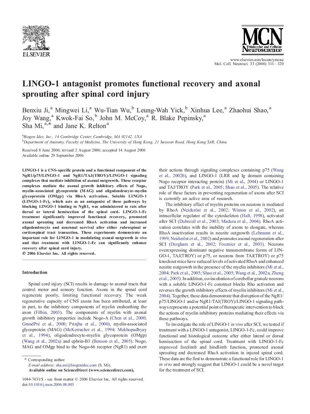 LINGO-1 antagonist promotes functional recovery and axonal sprouting after spinal cord injury