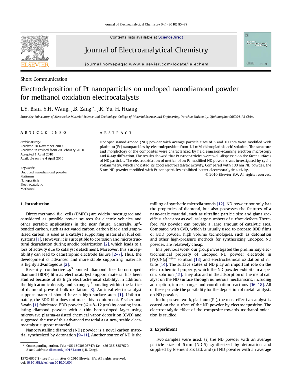 Electrodeposition of Pt nanoparticles on undoped nanodiamond powder for methanol oxidation electrocatalysts