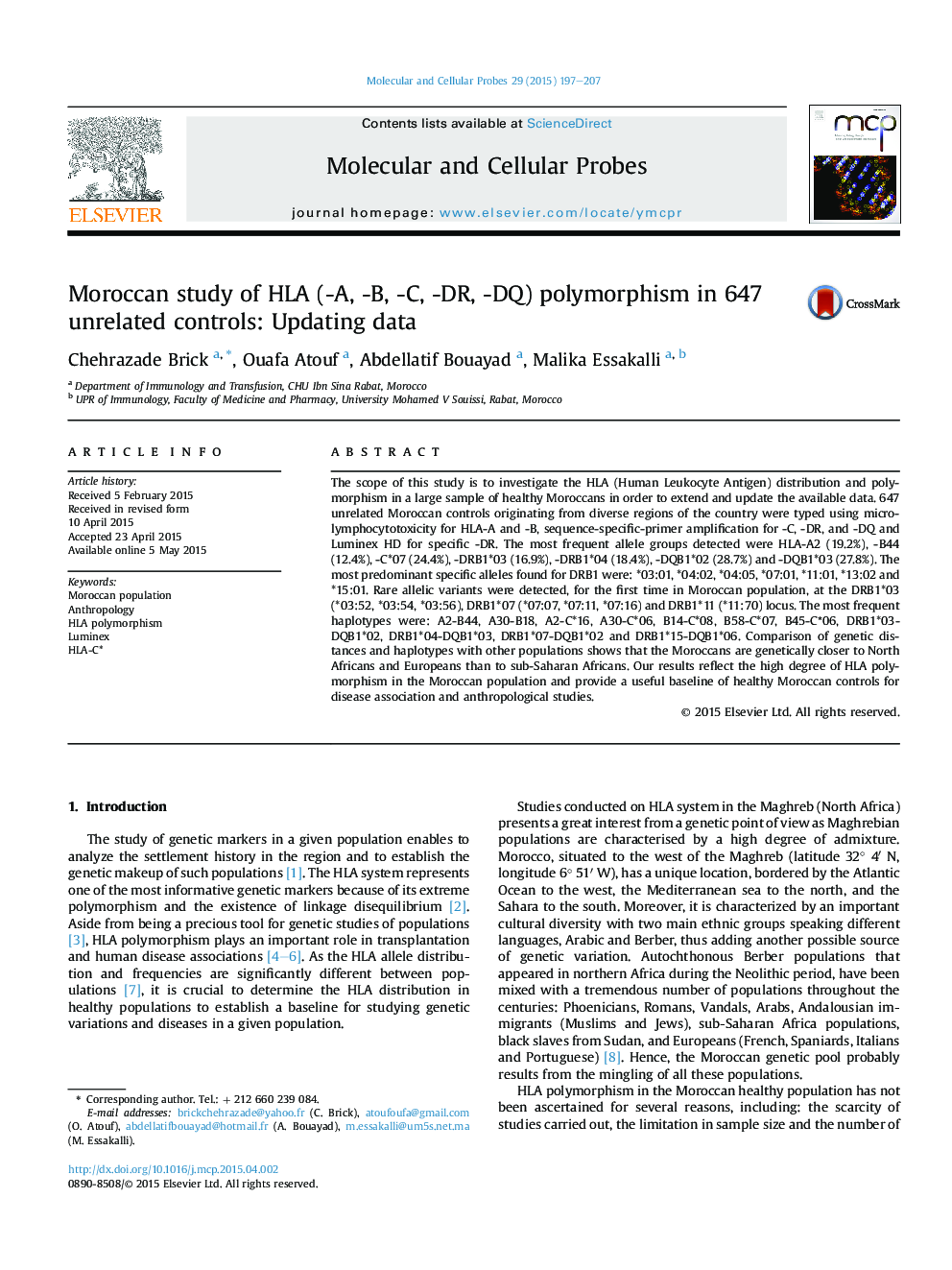 Moroccan study of HLA (-A, -B, -C, -DR, -DQ) polymorphism in 647 unrelated controls: Updating data