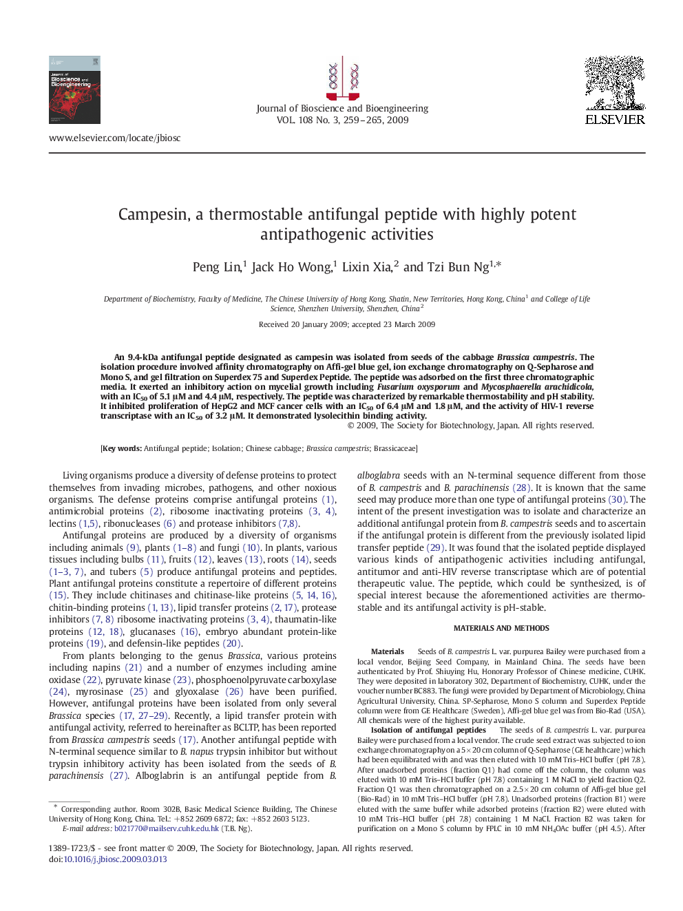 Campesin, a thermostable antifungal peptide with highly potent antipathogenic activities