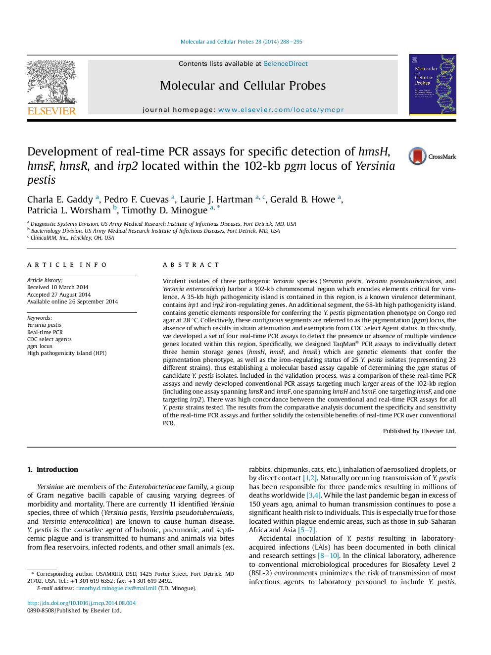 Development of real-time PCR assays for specific detection of hmsH, hmsF, hmsR, and irp2 located within the 102-kb pgm locus of Yersinia pestis